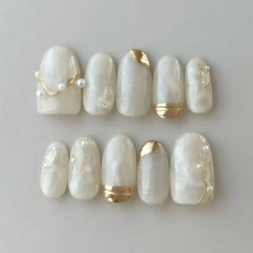 10Pcs Handmade Press on Nails Full Cover Rhinestone Design French Almond False Nails Artificial Wearable Manicure Nail Tips Art