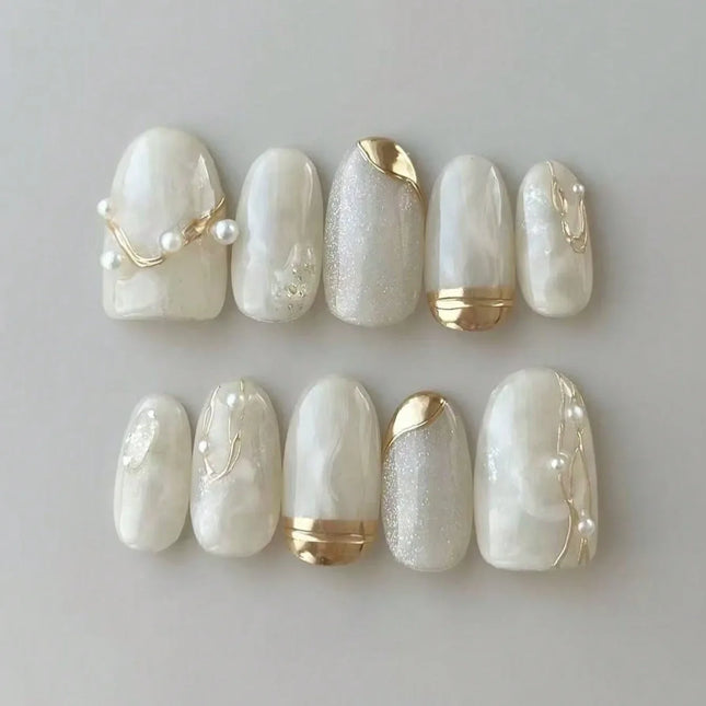 10Pcs Handmade Press on Nails Full Cover Rhinestone Design French Almond False Nails Artificial Wearable Manicure Nail Tips Art