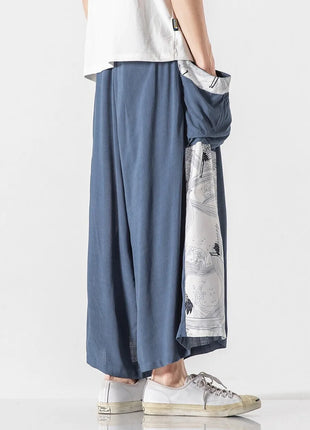 Men's Summer Harajuku Harem Pants Cotton Linen Joggers Mens Calves Length Loose Vintage Japanese Ukiyo-e Print Pants