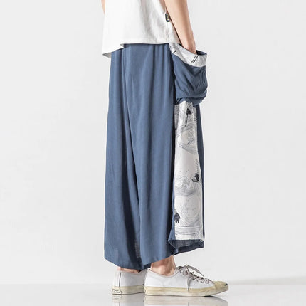Pantaloni da uomo estivi Harajuku Harem Pantaloni da jogging in cotone di lino Pantaloni al polpaccio da uomo Allentati Costume giapponese vintage Ukiyo-e Pantaloni con stampa
