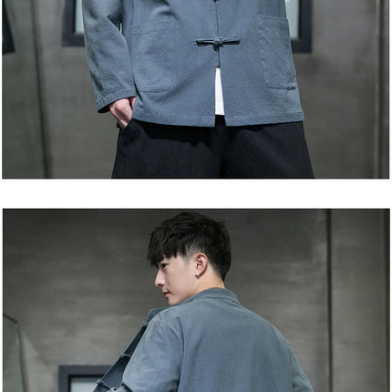 Camicie da uomo stile cinese retrò lino cotone tinta unita vestito Tang top cardigan uomo casual Kung Fu Tai Chi camicette da uomo abbigliamento