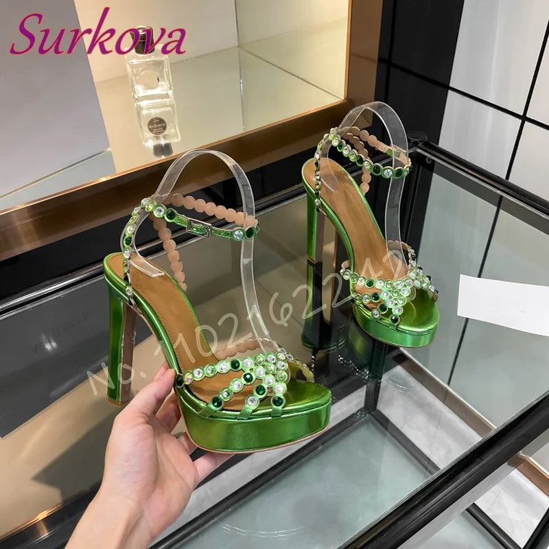 Women'S Chunky Heel Waterproof Platform Sandals Rhinestones Ankle Strap Open Toe Party Evening Shoes Luxury Designer High Heels