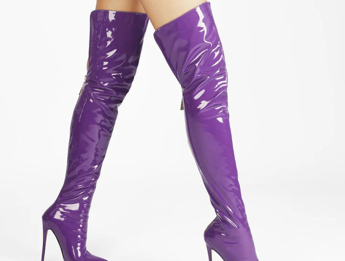 New Sexy Fashion Patent Leather Women Over Knee Boots Black White Long Boots Ladies Pointed Toe Classic High Heels Shoes Large PlatiNum