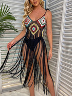 Costume da bagno da spiaggia da donna sexy lavorato a maglia all'uncinetto con nappe, gonna di media lunghezza, bikini da spiaggia a blocchi di fiori, copricostume da donna platinumshop