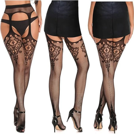 Calze a rete sexy da donna da 3 pezzi Collant con reggicalze alti fino alla coscia con reggicalze Design con motivo scavato per uso occasionale