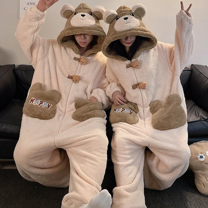 DAIMELU bear cartoon sleepwear long sleeved pajamas men winter thickened warm coral fleece flannel one-piece male loungewear set