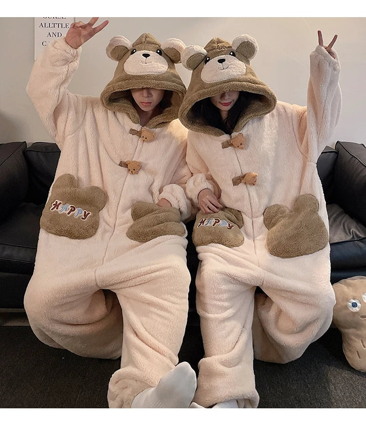 DAIMELU bear cartoon sleepwear long sleeved pajamas men winter thickened warm coral fleece flannel one-piece male loungewear set