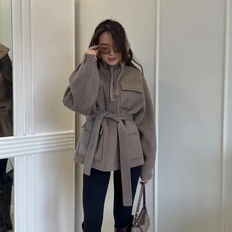 Casual Solid Woolen Loose Coats Women Belt Stand Collar Full Sleeve Zippers Lace Up Coat Female 2026 Autumn Lady Outwears