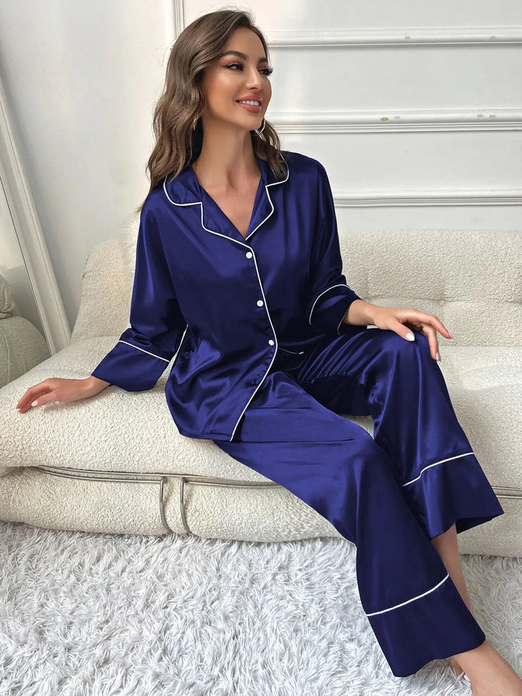 Pigiama da donna Completo da notte Completo da pigiama Pj Set Top a maniche lunghe in raso con pantaloni Pigiama da 2 pezzi Pigiama da donna