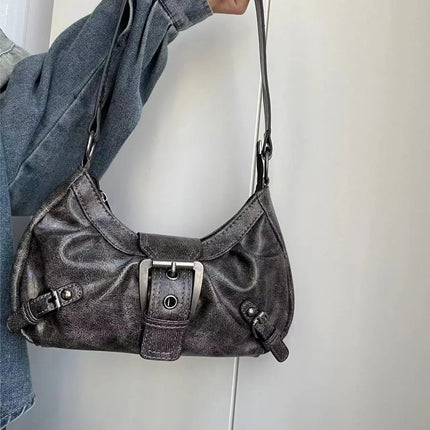 Y2K Vintage Distressed Leather Women Bag Shoulder Bag Maillard Style Underarm Purse Two Tone Crossbody Bag for Women PlatiNum