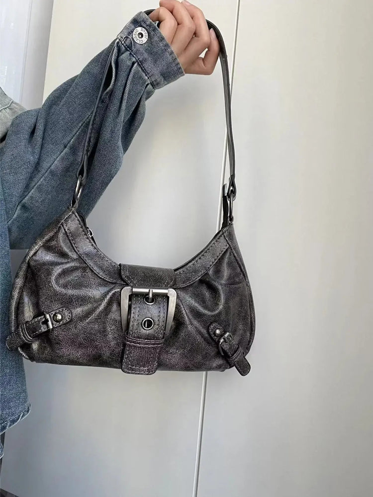 Y2K Vintage Distressed Leather Women Bag Shoulder Bag Maillard Style Underarm Purse Two Tone Crossbody Bag for Women PlatiNum