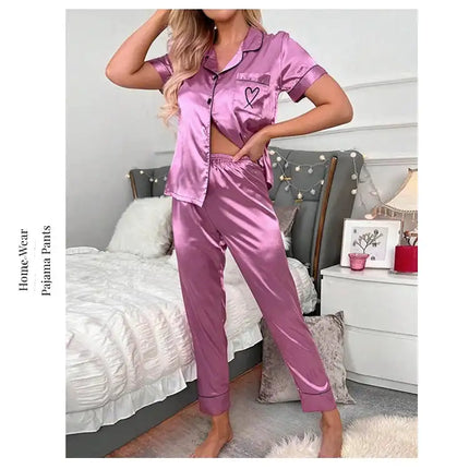 Lussuoso pigiama in raso per donna 2 pezzi pigiama Set tasca cuore ricama pigiameria autunno manica lunga top e pantaloni pigiama femminile platinumshop