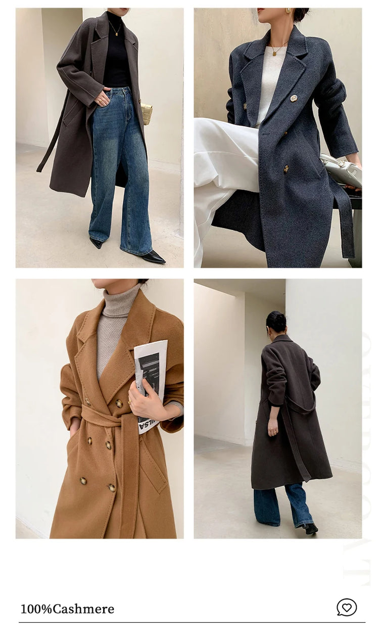 Ladies' 100% Cashmere Thick Double-Sided Extended Coat, Classic, Versatile and Fashionable for Business and Leisure
