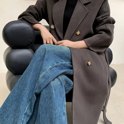 Ladies' 100% Cashmere Thick Double-Sided Extended Coat, Classic, Versatile and Fashionable for Business and Leisure
