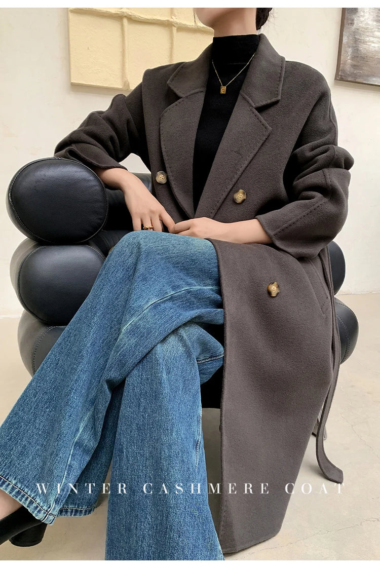 Ladies' 100% Cashmere Thick Double-Sided Extended Coat, Classic, Versatile and Fashionable for Business and Leisure