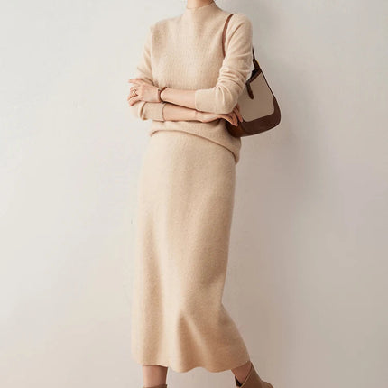 Women's 100% Cashmere Skirts Office Lady Autumn Winter Basic Fit Knitted High Waist Straight Skirt Graceful Long Warm Soft Dress PlatiNum