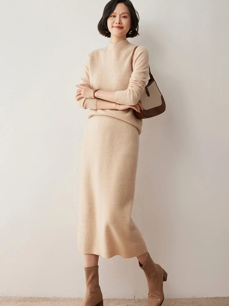 Women's 100% Cashmere Skirts Office Lady Autumn Winter Basic Fit Knitted High Waist Straight Skirt Graceful Long Warm Soft Dress PlatiNum
