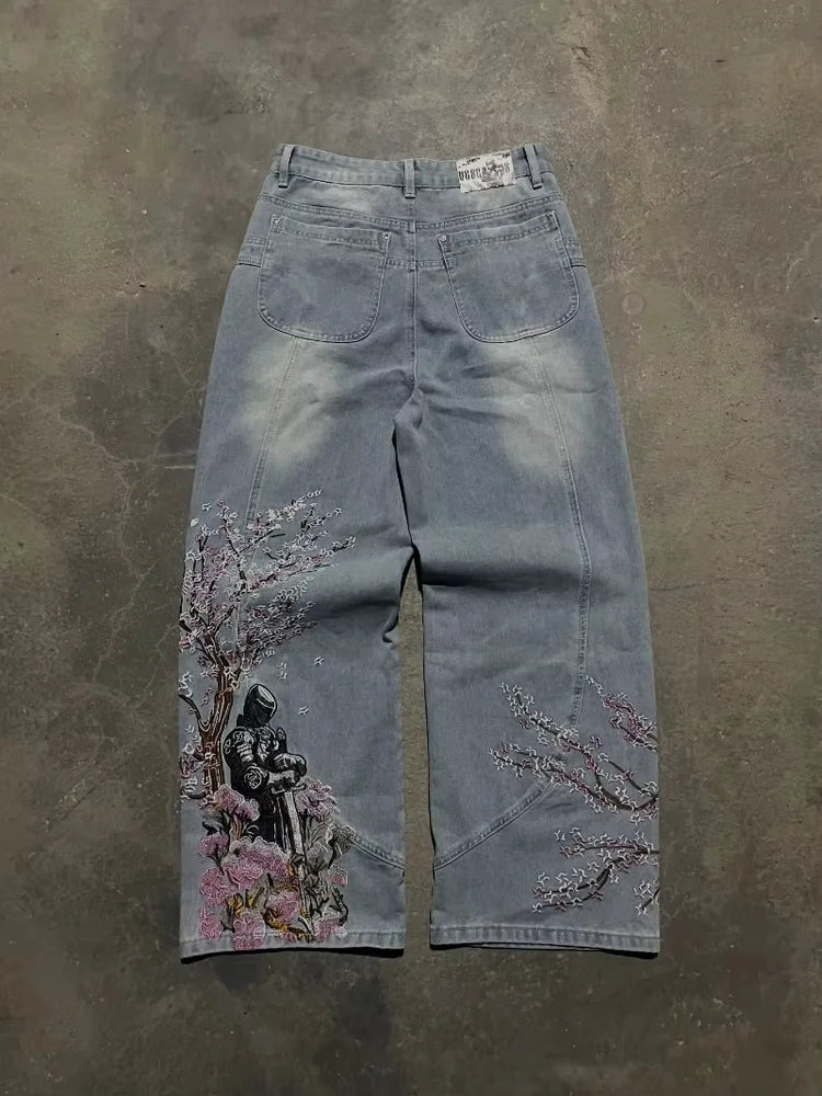 Jeans Oversize Y2K con Stampa Geometrica e Fiori di Ciliegio, Stile Harajuku, Pantaloni Larghi Casual da Donna