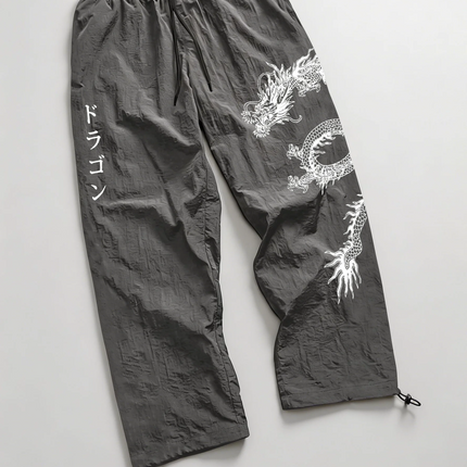 Pantaloni Larghi in Nylon con Stampa Drago per Uomo, Primavera-Estate, Joggers Streetwear per Palestra e Uso Quotidiano, Nero e Blu