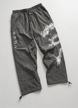 Pantaloni Larghi in Nylon con Stampa Drago per Uomo, Primavera-Estate, Joggers Streetwear per Palestra e Uso Quotidiano, Nero e Blu