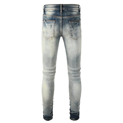Men Pale Light Blue Biker Jeans Cracked Pleated Patch Patchwork Stretch Denim Pants Streetwear Holes Ripped Skinny Trousers PlatiNum