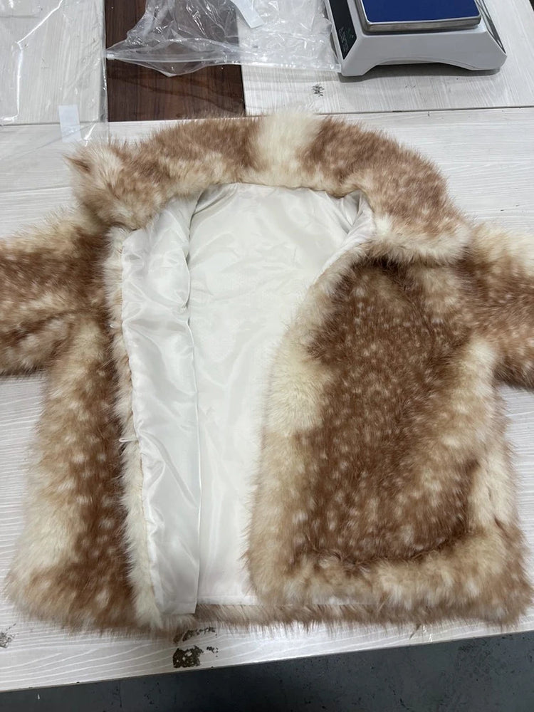 ZADORIN New Chic Deer-print Faux Fur Jackets Elegant Lapel Loose-fit Fluffy Faux Fur Coat Woman Plush Fur Coats Winter Outerwear