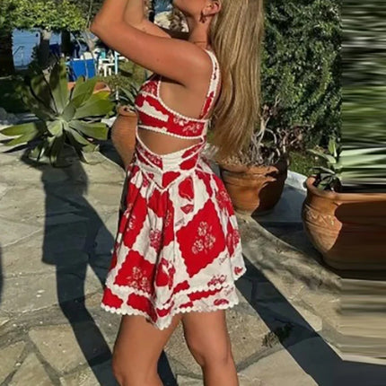 Women's Simple Elegant V Neck Mini Dresses. Women's Color Block Spaghetti Strap Dress. Hollow Waist Party Dresses with Large Hem