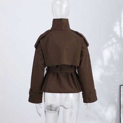 2026 Spring Women's Solid Lace Up Trench Coat Stand Collar Double Breasted Jacket Stylish New Lady Long Sleeve Outerwear Street