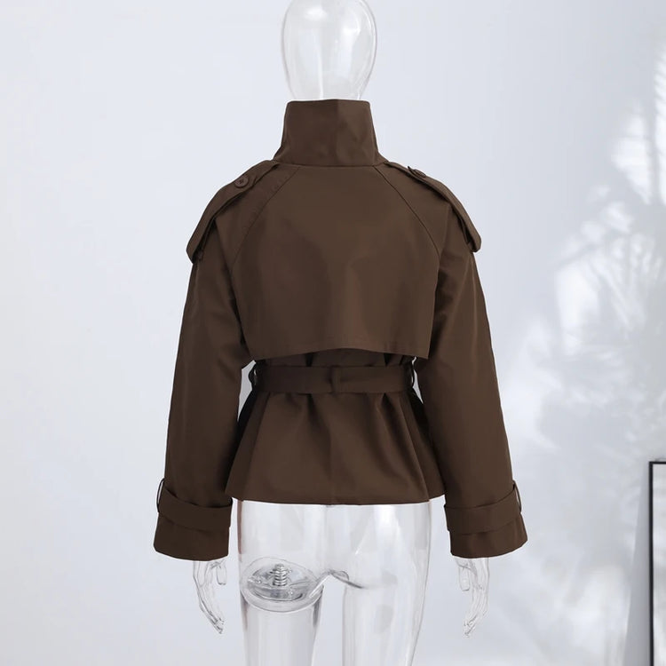 2026 Spring Women's Solid Lace Up Trench Coat Stand Collar Double Breasted Jacket Stylish New Lady Long Sleeve Outerwear Street