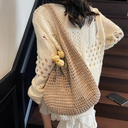Crochet Crossbody Bag Hollow Beach Leisure Handbag Solid Color Summer Holiday Woven Shoulder Bag