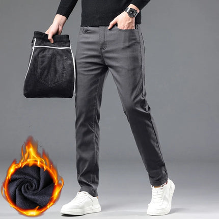 Winter New Business Fashion Casual Elastic Comfort Velvet Trouser Fleece Casual Pants Men's Straight Slim Thick Warm Male
