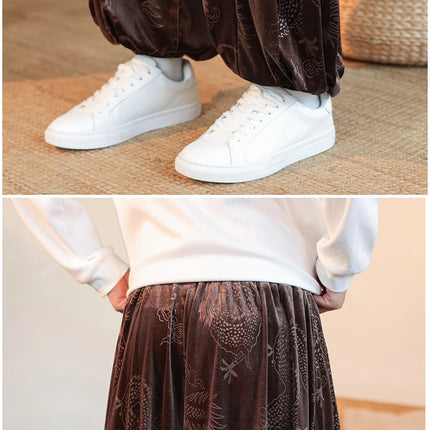 Pantaloni di velluto da uomo autunno inverno retrò drago stampa pantaloni larghi da uomo stile cinese pantaloni casual a gamba larga per uomo taglie forti 5XL