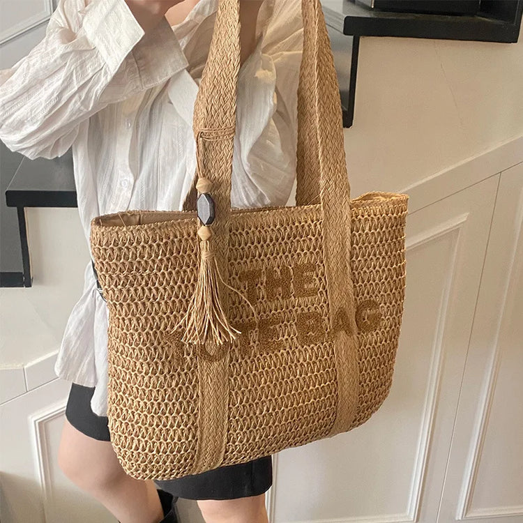 Borsa da donna in paglia intrecciata di grande capacità in stile francese, nuova borsa a tracolla per vacanze al mare, borsa tote da pendolarismo casual