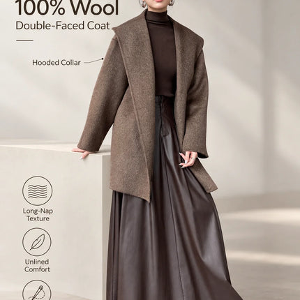 Brushed 100% Wool Coat Women Hooded Belted Wrap Coat Long-Pile Double-Faced Texture Unlined Relaxed Fit Short Coats Fall Winter