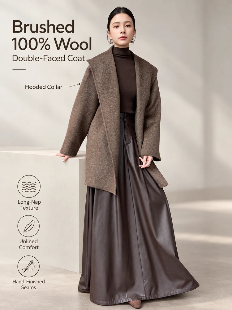 Brushed 100% Wool Coat Women Hooded Belted Wrap Coat Long-Pile Double-Faced Texture Unlined Relaxed Fit Short Coats Fall Winter