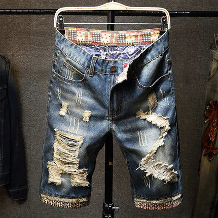 Men Ripped Short Jeans Summer Cotton Knee Length Shorts Breathable Vintage Denim Pants Painted Graffiti Streetwear Cargo Jeans PlatiNum