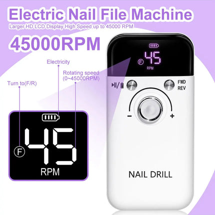 LIMEGIRL 45000RPM Electric Nail Drill Polisher Rechargeable Portable Electric Nail File Machine Kit for Home Acrylic Gel Nails Polishing