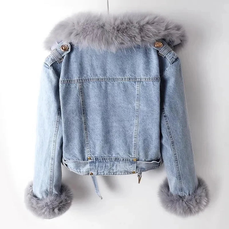 2026 New Women Faux Fox Fur Collar Jean Coat Winter Jacket Female Short Warm Parkas Rabbit Hair Lining Outwear Fashion Overcoat