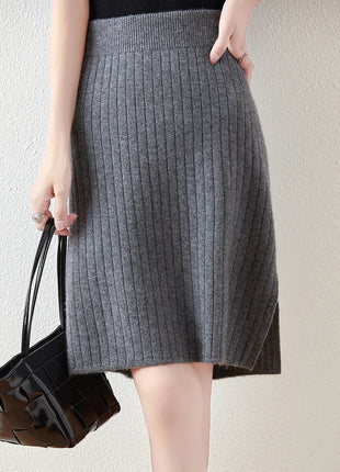 Autumn Winter Women Wool Skirt Elastic Waist Mini Slim Fit Cashmere Skirts 100% Merino Wool Knitted Office Lady Above Knee Dress PlatiNum