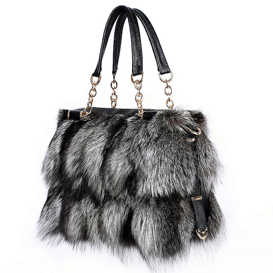 Women's Fur Bag Winter Fox Fur Bag Fashion Fur Handbag Ladies Bags Purses Women Shoulder Bag Real Silver Fox Fur Messenger Bags