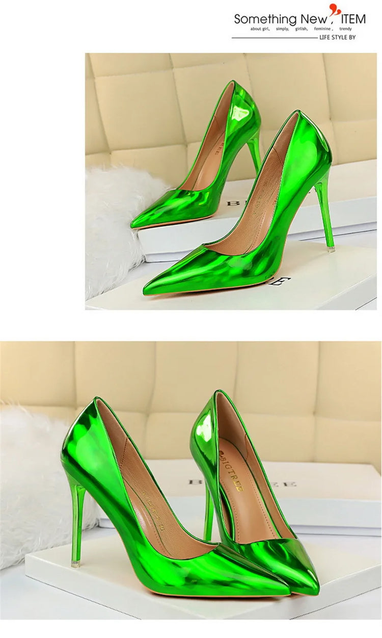 Tacchi alti da donna Blu Verde Décolleté di San Valentino Lusso lucido Stiletto Matrimonio Nuziale Discoteca Moda Semplice Colore solido 1829-2