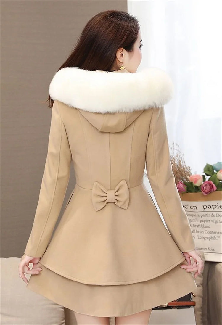 2023 New Winter Women's Woolen Blend Coat A-Line Double-Breasted Jackets Female Fur Collar Office Lady Wool Outwear