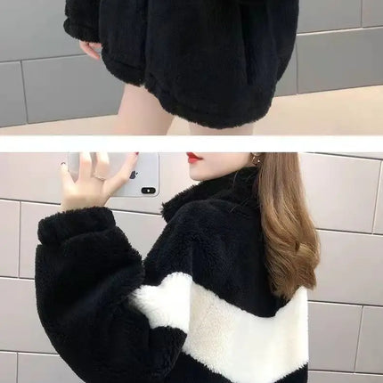 Warm Stand collar Faux fur Winter Jacket Female 2024 New Korean Loose Thick Lamb wool Coat Short Stitching Womens Parkas Outwear
