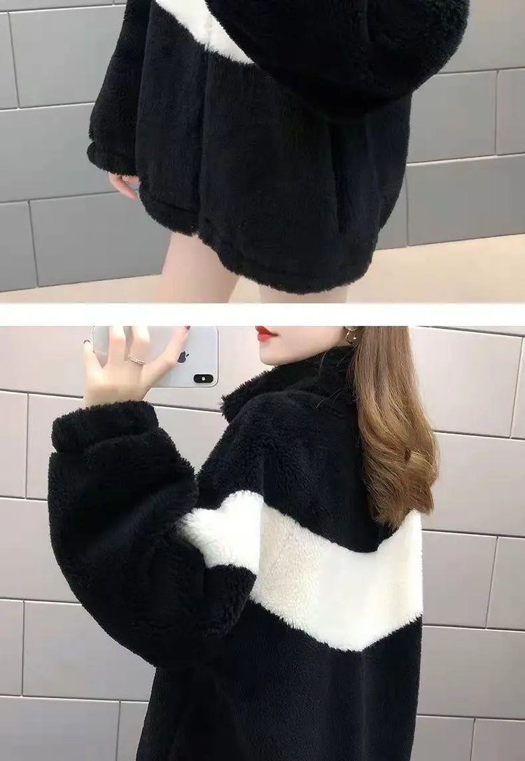 Warm Stand collar Faux fur Winter Jacket Female 2024 New Korean Loose Thick Lamb wool Coat Short Stitching Womens Parkas Outwear
