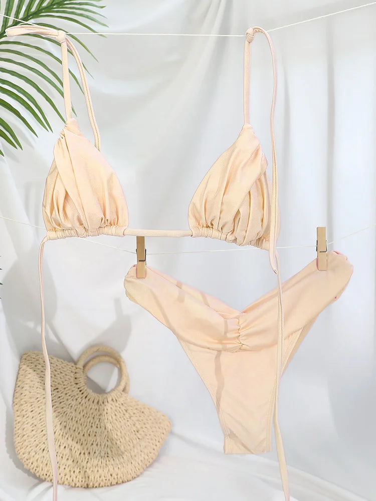 Costume da bagno bikini con pieghe sexy Micro bikini solido Costume da bagno donna Triangolo femminile Costume da bagno da spiaggia platinumshop
