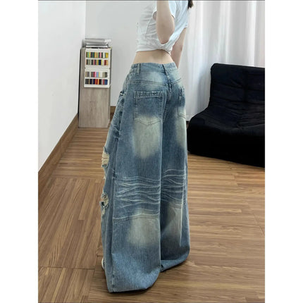 Jeans da donna stile americano vintage lavato con strappi, a gamba larga e dritta, vita alta, lunghezza maxi