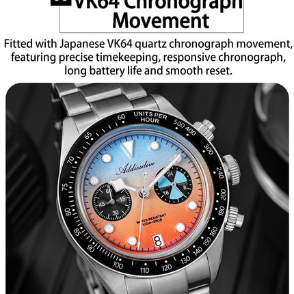 ADDIESDIVE Luxury Men's Quartz Watch AD2559 Ceramic Bezel Bubble Mirror Glass VK64 Chronograph Watches New Calendar Wristwatch