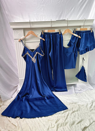 Set da notte in raso da 5 pezzi abito sottoveste in pizzo Cami Top pantaloncini con volant pantaloni da salotto pigiameria da notte da donna