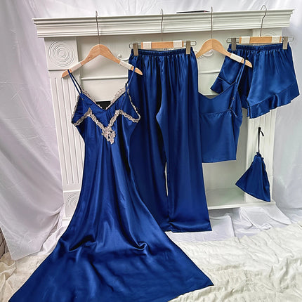 Set da notte in raso da 5 pezzi abito sottoveste in pizzo Cami Top pantaloncini con volant pantaloni da salotto pigiameria da notte da donna