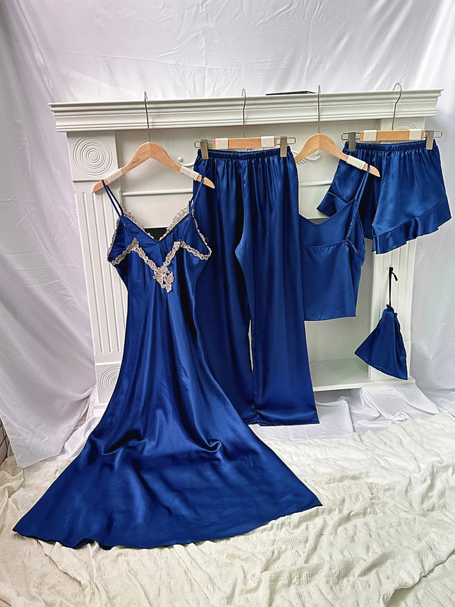 Women's 5-Piece Satin Nightwear Set Lace Chemise Cami Top Ruffle Shorts Lounge Pants Sleepwear